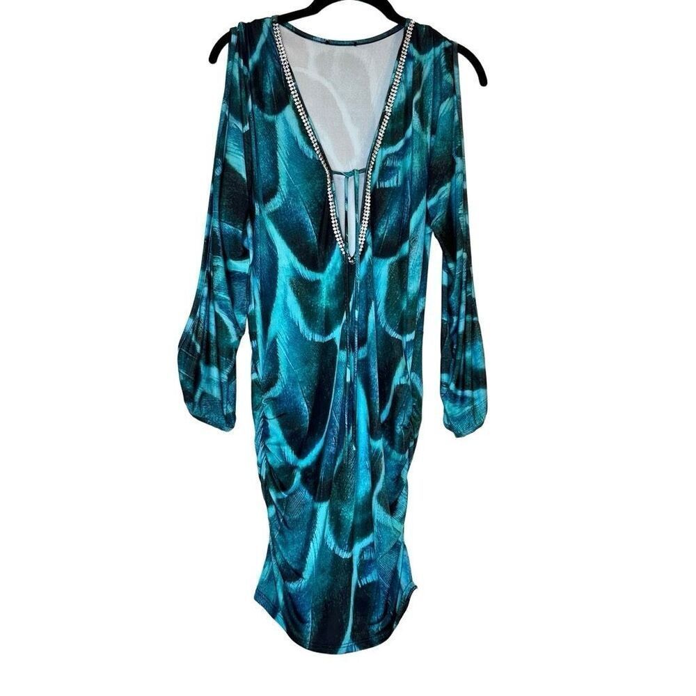 Becca Rhinestone Studded Long Slit Sleeve Turquoise Small Swim Cover Up Tunic